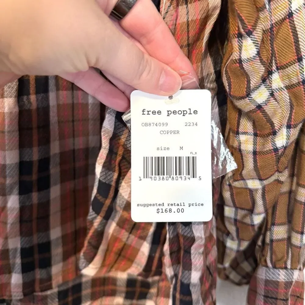 Free People‎ Copper Plaid Long Sleeve Blouse Size Medium NWT